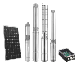 A group of four stainless steel submersible borehole pumps of various sizes from the Max Pumps high-quality water pump range, pictured with a solar panel and a dedicated solar-pump drive controller.
