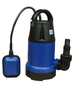 A blue and black Max Mini Waste Pump from the Max Pumps high-quality water pump range, featuring a submersible thermoplastic casing and an external float switch for automatic drainage.