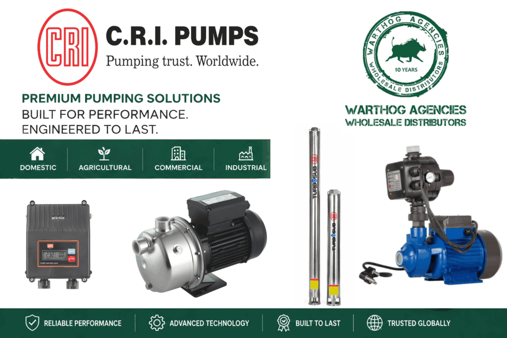 CRI Pumps supplied by Warthog Agencies featuring premium domestic, agricultural, commercial and industrial water pumping solutions in South Africa.